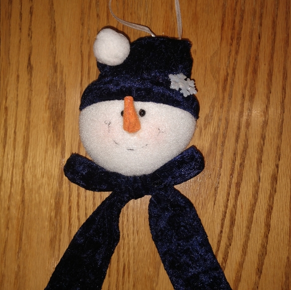 soft stuffed plush snowman ornament, with bright blue hat and scarf & bow, used - Picture 3 of 3